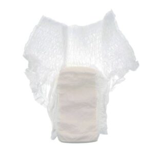 A white diaper with lace on it.