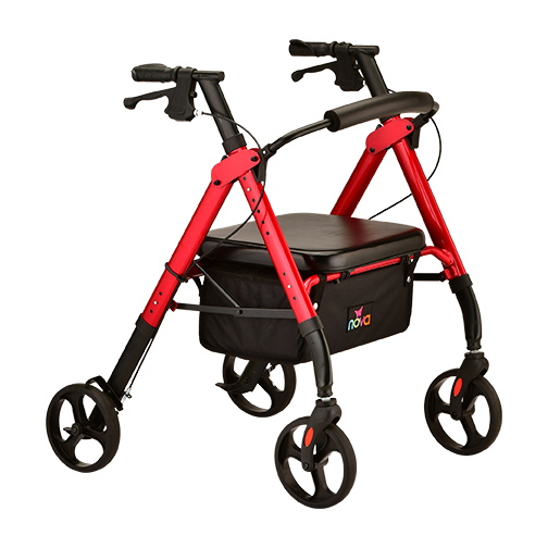 A red walker with wheels and seat.