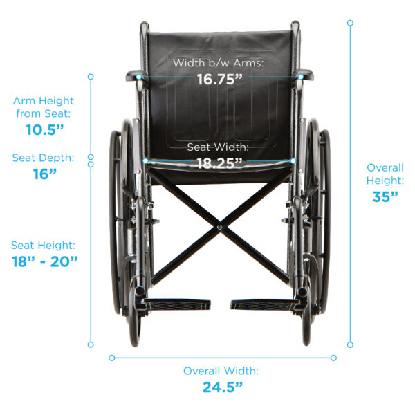 A wheelchair with measurements on it.