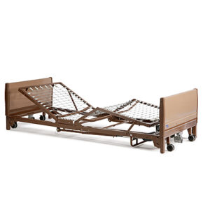 A wooden bed frame with wheels and rails.