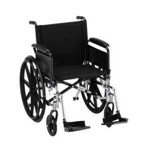 A wheelchair with wheels and black upholstery.