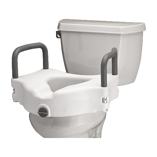 A toilet seat with handles is shown next to the tank.