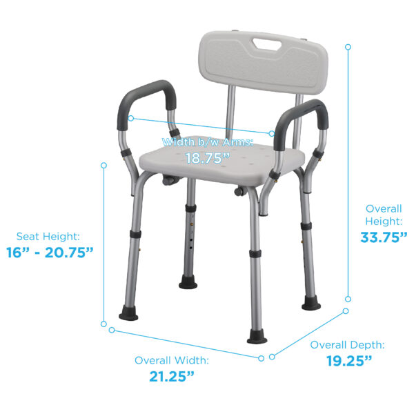 A shower chair with arms and back rests