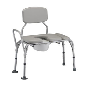 A gray shower chair with a commode in it.