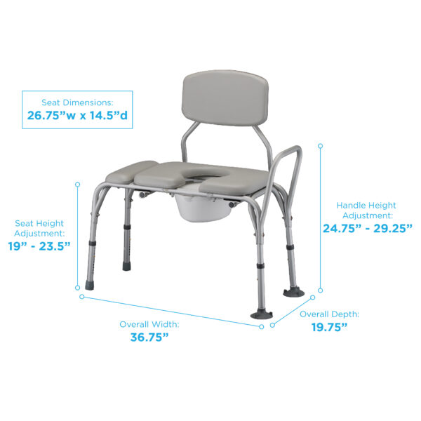A shower chair with commode seat and back rest.
