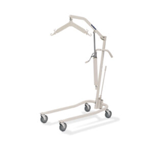 A white mobile patient lift with wheels and a handle.