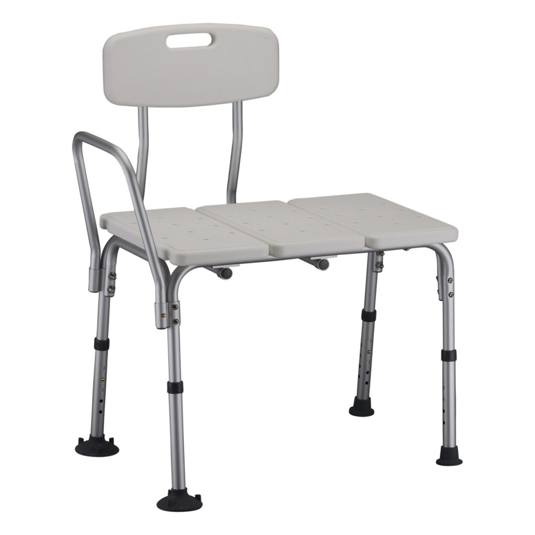 A white shower chair with back and arms.