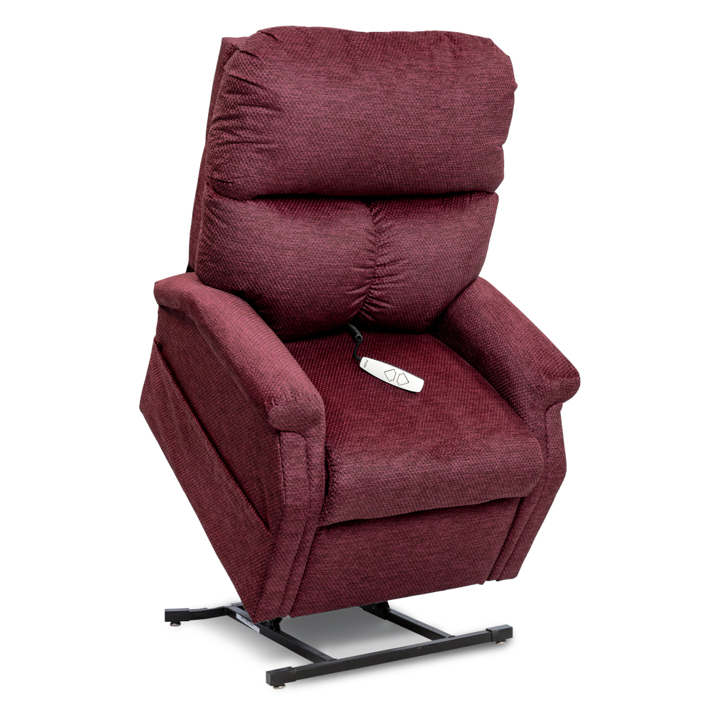 A red recliner with the seat up and remote control in it.