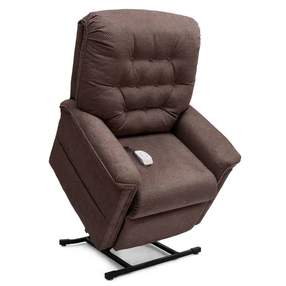 A brown recliner with the handle up.