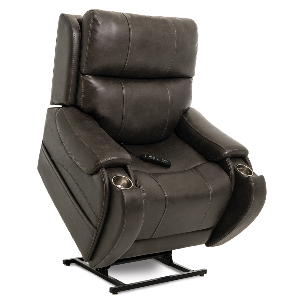 A brown recliner with the seat up and foot rest down.