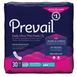A package of prevail pads for bladder leaks.