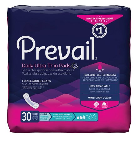 A package of prevail pads for bladder leaks.
