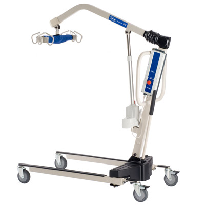 A portable patient lift with wheels and a handle.