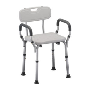 A white shower chair with arms and back.