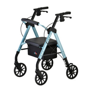 A blue walker with wheels and black handles.