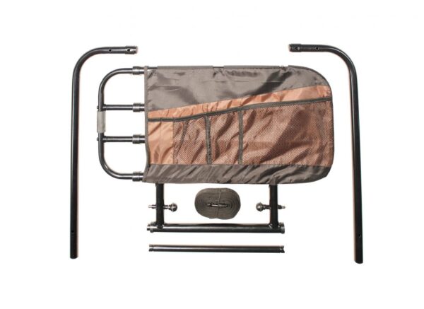A bed rail with a bag on it