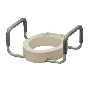 A toilet seat with handles on it.