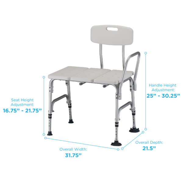 A white shower chair with two legs and one foot rest.