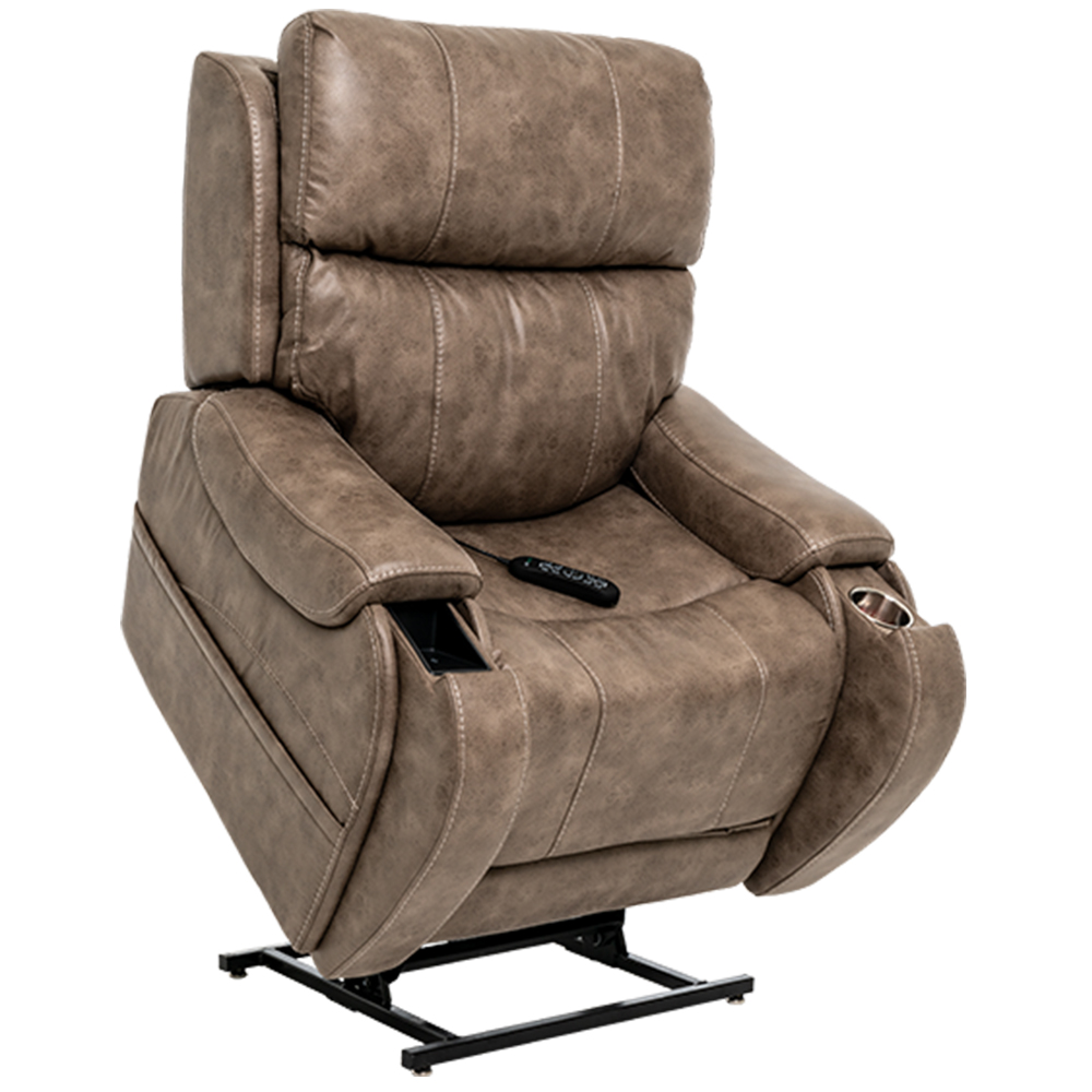 A brown recliner with the seat up and foot rest in position.