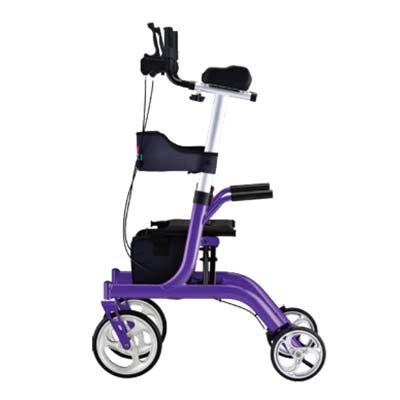 A purple walker with wheels and seat.